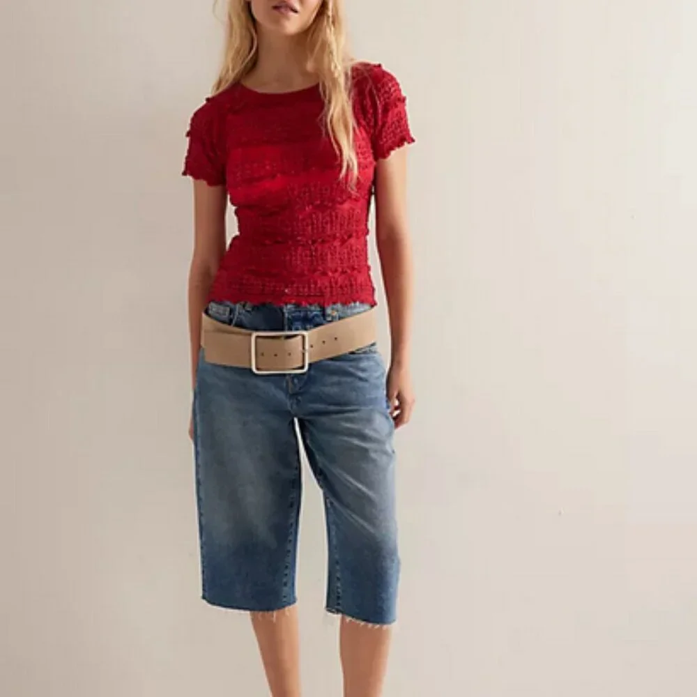 Free People Angelina Lace Tee Fp One Mesh Striped Blouse Top L